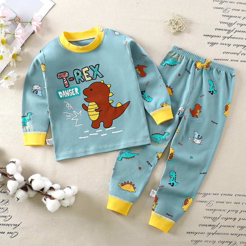 Hoạt Hình Bộ Đồ Ngủ 2 Món Bằng cotton Tay Dài In Hình Khủng long Dành Cho Trẻ Em
