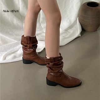 Giày Bốt Cao Bồi Da Lộn Mũi Vuông Gót Dày Xếp Ly Kiểu Cao Bồi Phương Tây Thời Trang Mùa Thu 2023 Cho Nữ