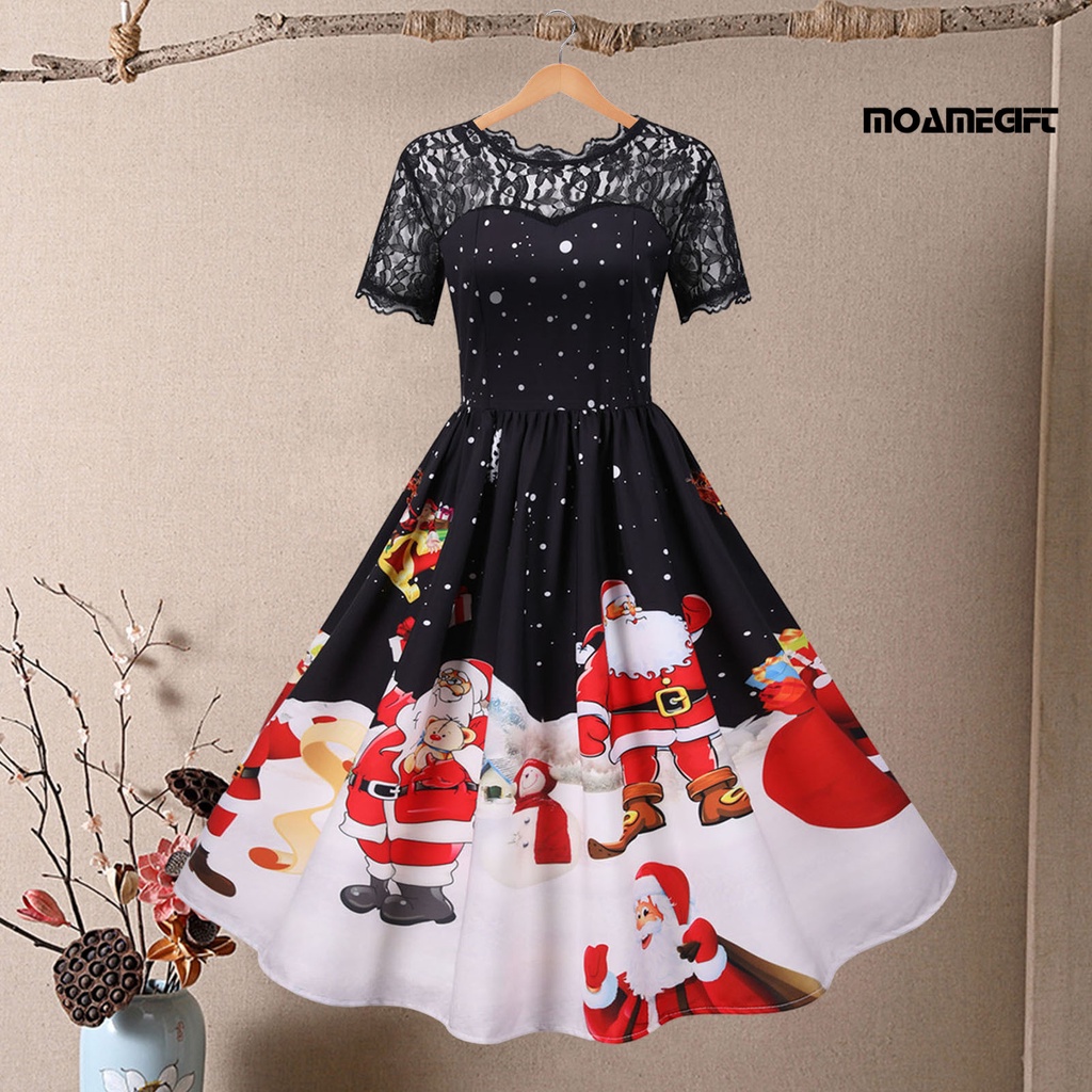 Đầm Chữ a Tay Ngắn Cổ Tròn Phối Ren Xuyên Thấu In Họa Tiết Hoạt Hình Ông Già Noel / Bông Tuyết Thời Trang Dự Tiệc Giáng Sinh Cho Nữ