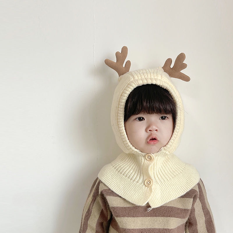 Mũ Len Trùm Đầu Kèm Khăn Choàng Cổ Đính Nút Thời Trang Thu Đông Hàn Quốc Cho Bé Trai Và Bé Gái