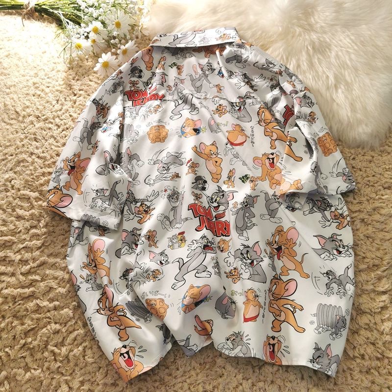 A lion cub Áo Sơ Mi Ngắn Tay Dáng Rộng In Hình tom & jerry Trẻ Trung Thời Trang Mùa Hè Cho Nam Và Nữ