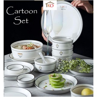 Bộ bát đĩa sứ trắng viền đen họa tiết món ăn cao cấp Bắc Âu 22 món