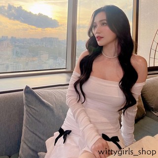 Wittygirls-đầm Tay Lá Sen Xếp Ly Trước Ngực Xếp Ly Màu Trơn Gợi Cảm Mùa Thuần Khiết Mới