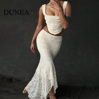Dunea bộ áo lửng phối chân váy ren xếp ly quyến rũ cho nữ