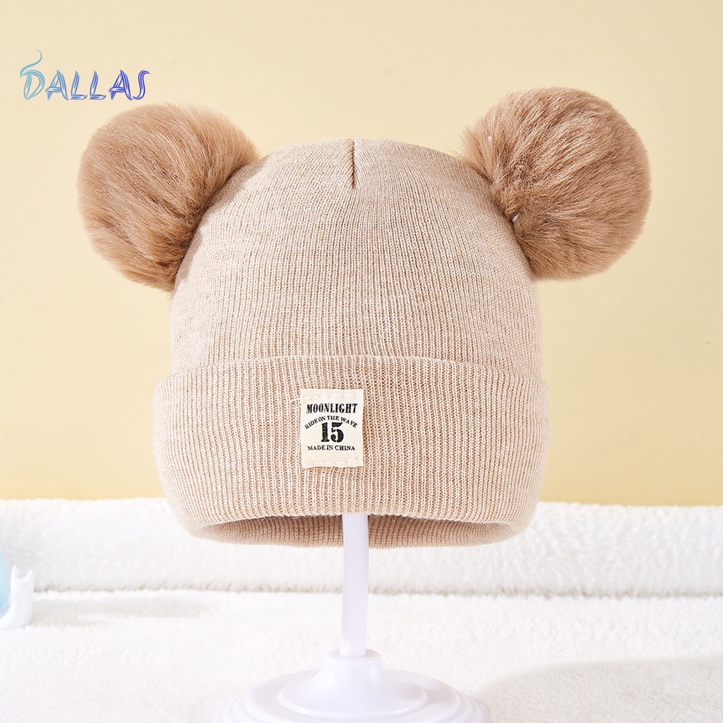 Mũ beanie Dệt Kim Màu Trơn Trang Trí Bóng Lông Cho Bé