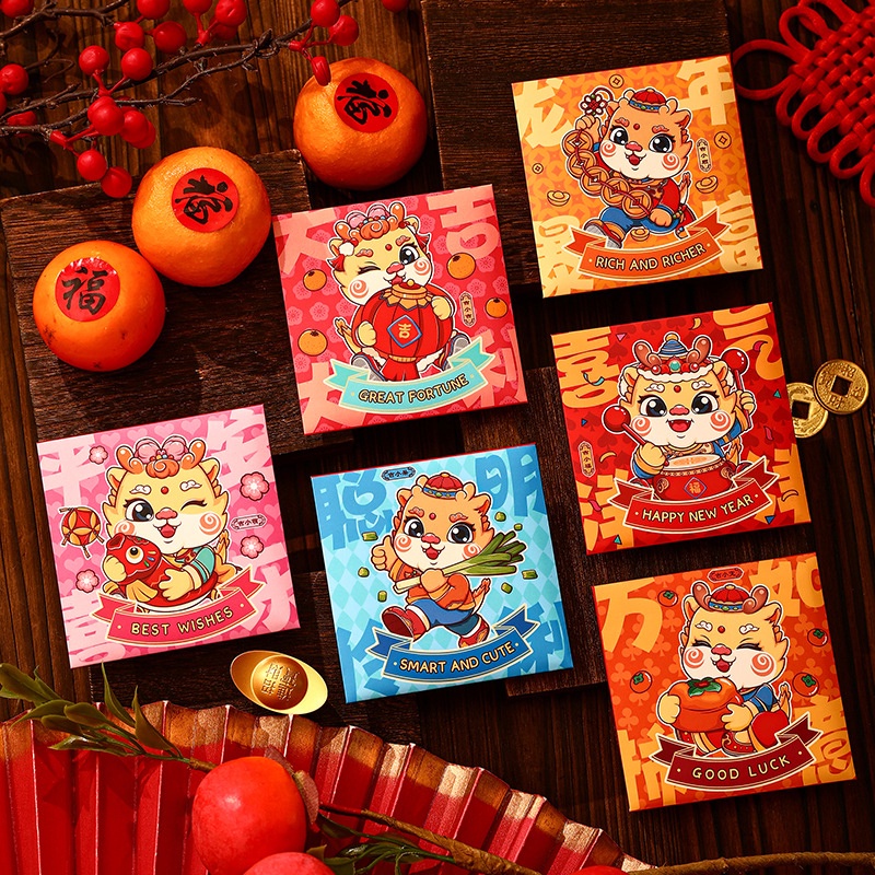 Set 6 Bao Lì Xì Đỏ Họa Tiết Rồng Dễ Thương 2024 cny