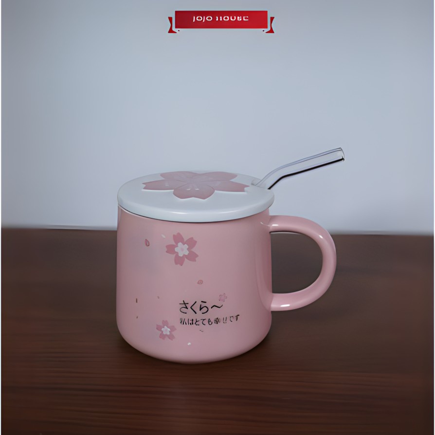 Ly uống nước có nắp, Cốc sứ cute họa tiết hoa anh đào kèm nắp và ống hút 400ml