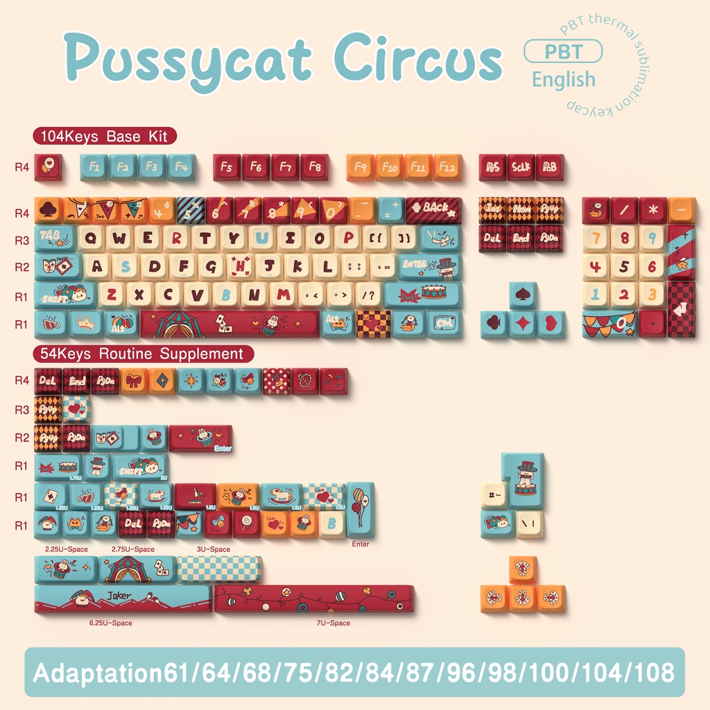 Pussycat keycap Nắp Phím Cơ 138 / 158 Phím diy Chủ Đề Rạp Xiếc Đáng Yêu