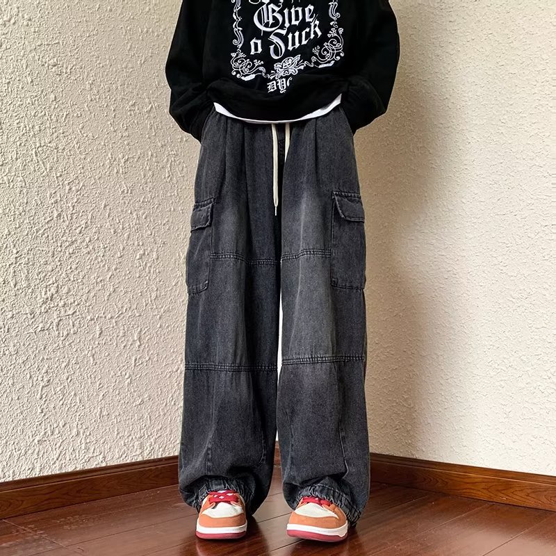 Thời Trang Quần Jean Dài Ống Rộng Màu Trơn Phối Túi Phong Cách hip hop Cá Tính Cho Nam