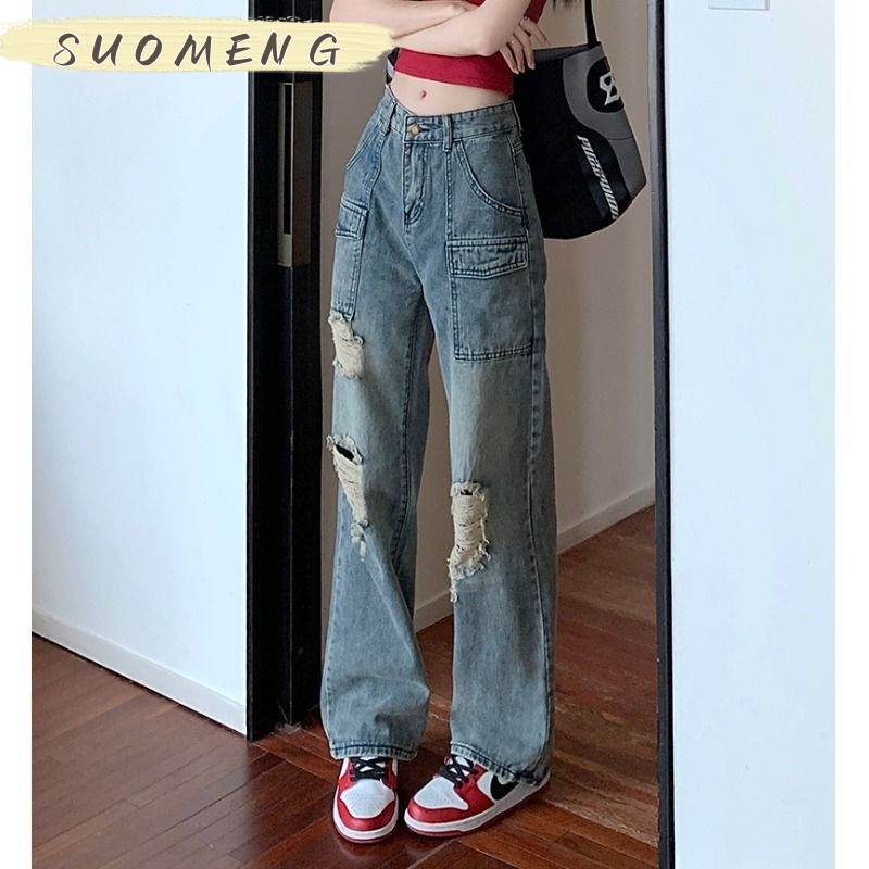 SUOMENG quần ống rộng quần nữ jean phong cách Retro Ống Rộng siêu đẹp 2023 MỚI Phong cách Thanh lịch High quality Thoải mái A27L078 36Z230909