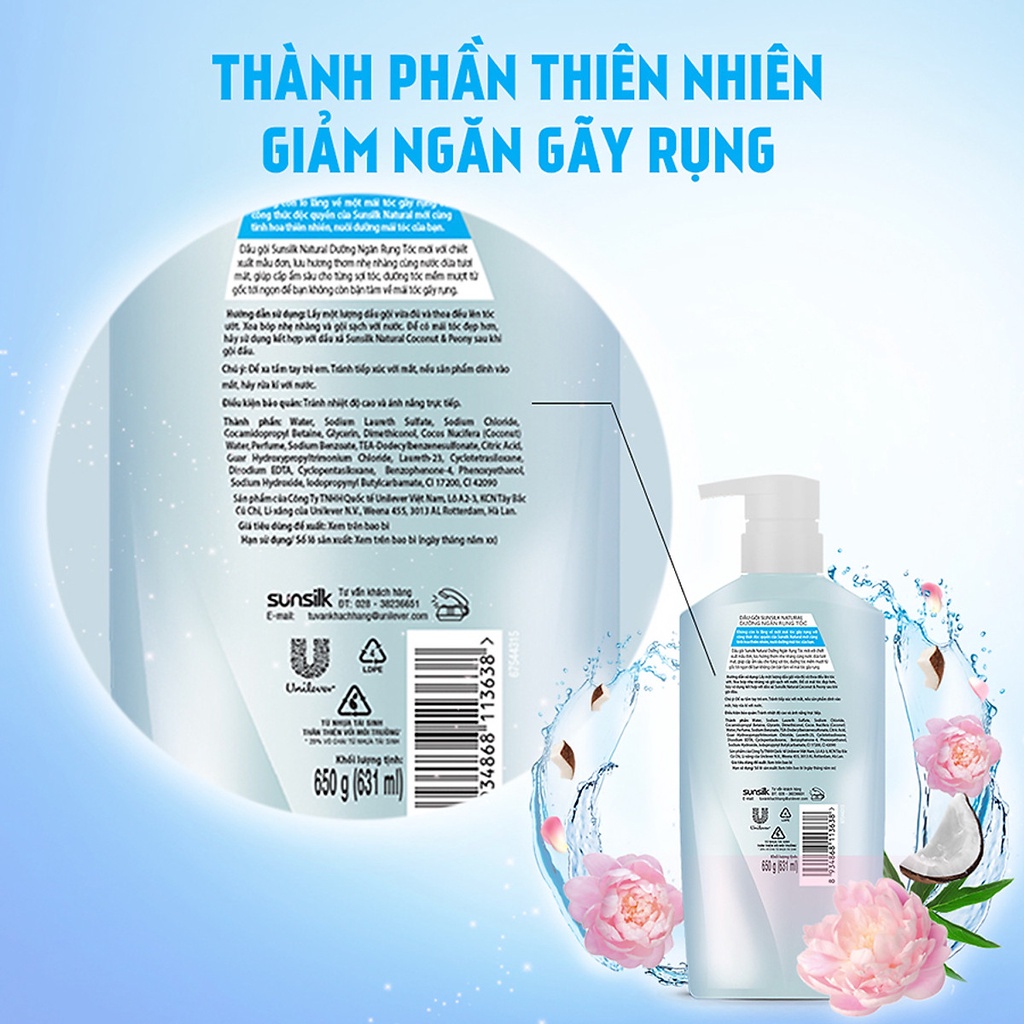 Dầu Gội 650Gr Sunsilk Dưỡng Ngăn Gãy Rụng Dành Cho Tóc Gãy Rụng Dưỡng Chất Thiên Nhiên Nước Dừa & Hoa Mẫu Đơn Giúp Tóc S
