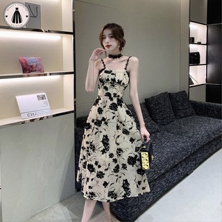 Retro Hepburn phong cách Pháp gợi cảm treo váy pha trà váy dài hoa