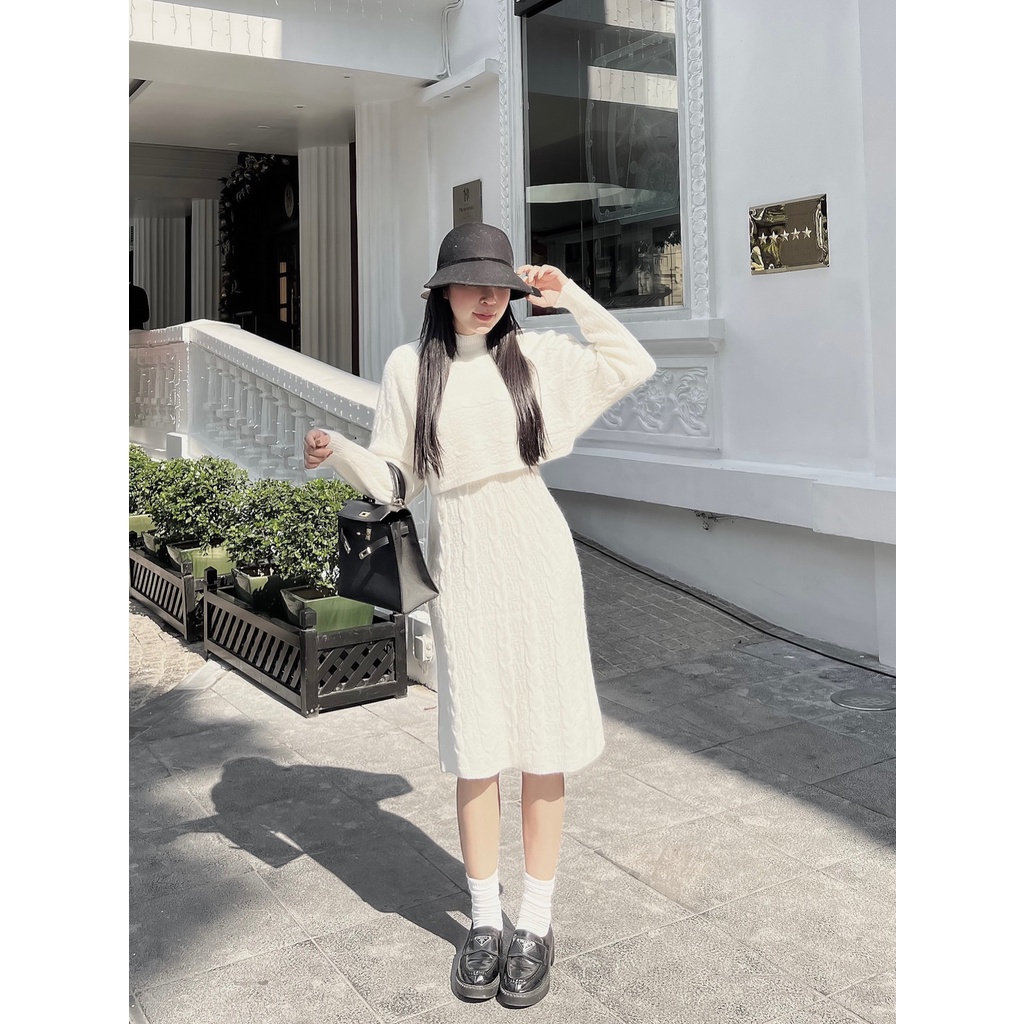 Sét đầm bầu SVL785 đầm len thừng sát nách kèm áo len croptop dài tay Tira Mama