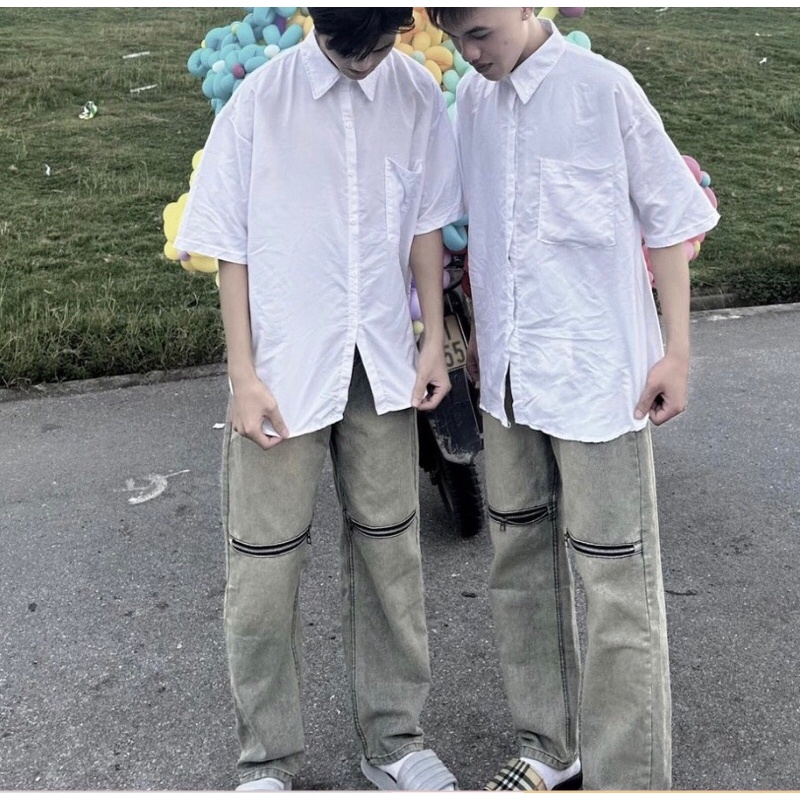 Quần vải bò jean ống rộng suông xuông nữ jeans cạp cao thêu khóa gối