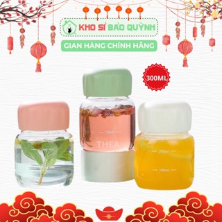 Bình nước thủy tinh lùn dung tích 300ml dể thương - Cốc uống mini kèm nắp đậy,Bình nước dáng lùn