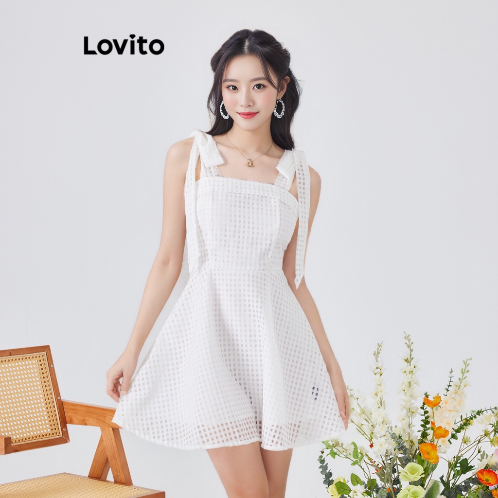 Đầm dáng chữ A LOVITO màu trơn buộc dây có thể điều chỉnh phong cách boho thời trang dành cho nữ L54ED093 (trắng)