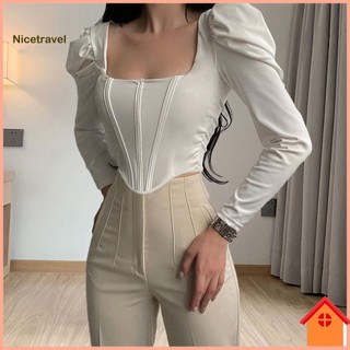 [ni] Áo crop top Tay Phồng Dài Màu Trơn Cổ Vuông Ôm Dáng Phong Cách Pháp Dành Cho Nữ Mặc Hàng Ngày