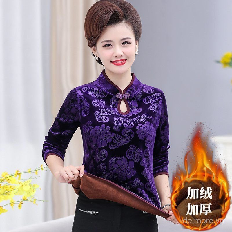 Áo Thun Tay Dài Lót Nhung Dày Dặn Giữ Ấm Mùa Đông Phong Cách Dân Tộc Mới Cho Mẹ Và Bé