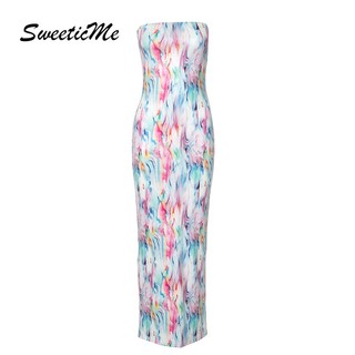 SweeticMe Váy Nữ Mới In Hình Thời Trang Gợi Cảm Không Tay Ôm Phù Hợp Với Nhân Quả Đầm Maxi