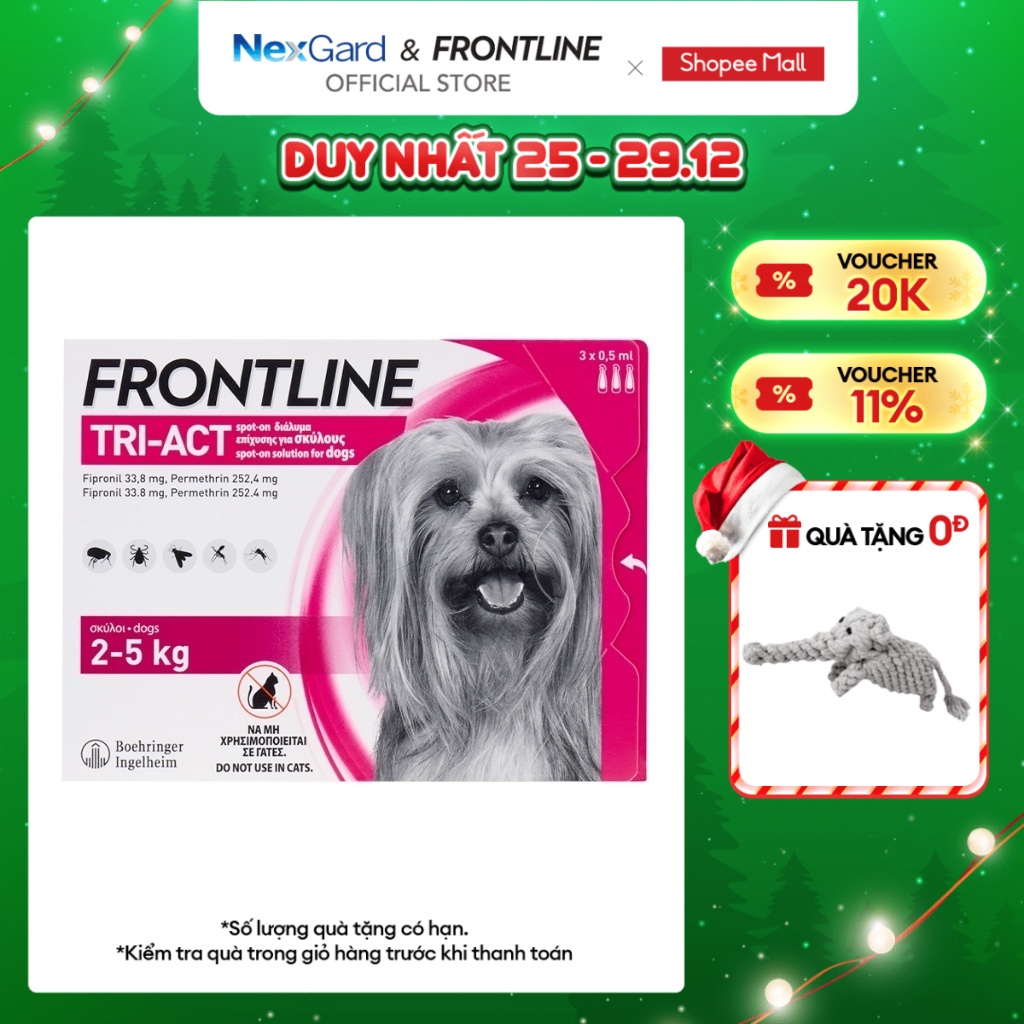 Frontline Tri-Act - Tuýp nhỏ gáy phòng & trị ve, rận, bọ chét, ruồi, muỗi dành cho chó (2-5kg) - 1 hộp 3 tuýp