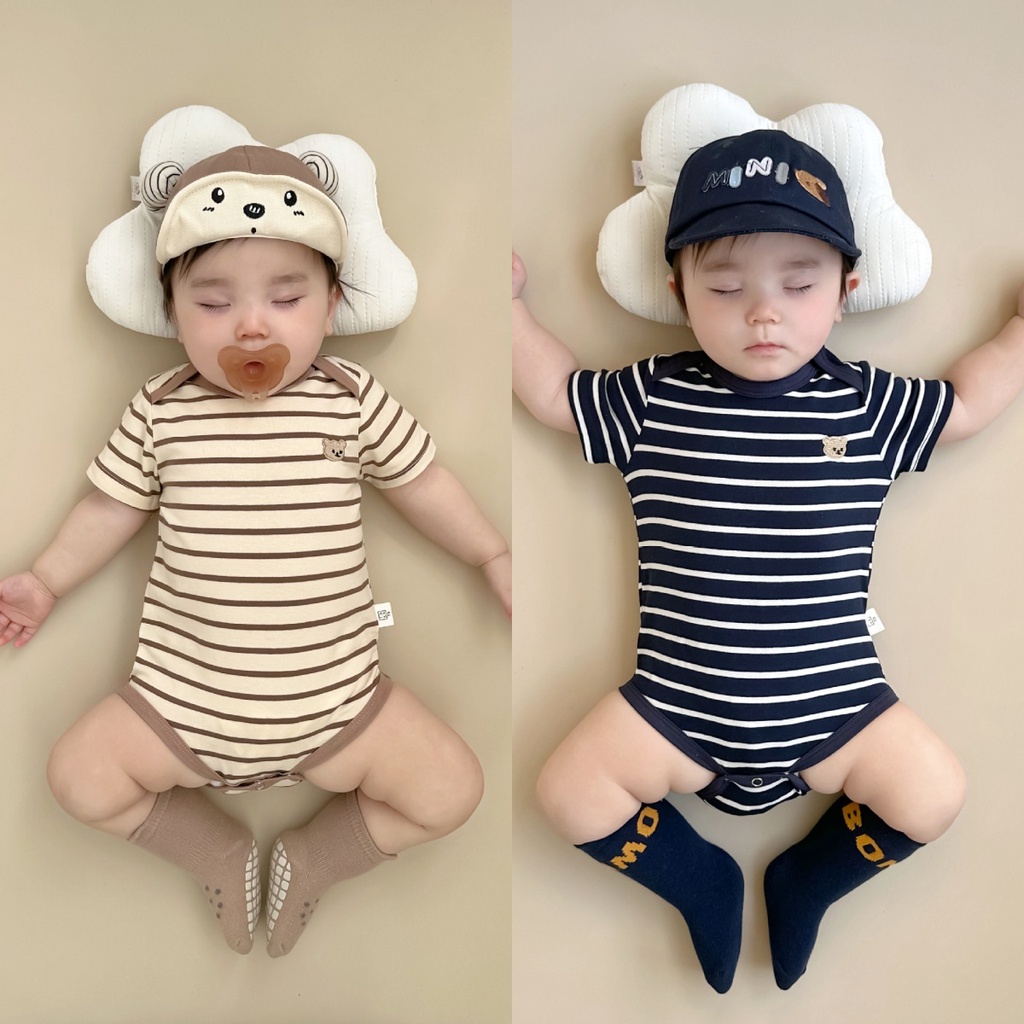 Bộ Áo Liền Quần Vải cotton Tay Ngắn Họa Tiết Kẻ Sọc Xinh Xắn Cho Bé Sơ Sinh Từ 0-2 Tuổi