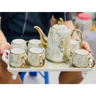 Bộ ấm chén pha trà vân đá nắp cá heo kèm khay size nhỏ