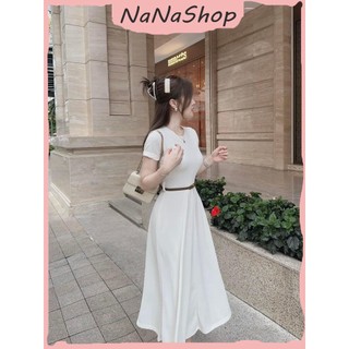 Đầm Tăm Lạnh Dáng Midi Chữ A Xòe Cổ Tròn Tay Ngắn Kèm Nịt Thướt Tha