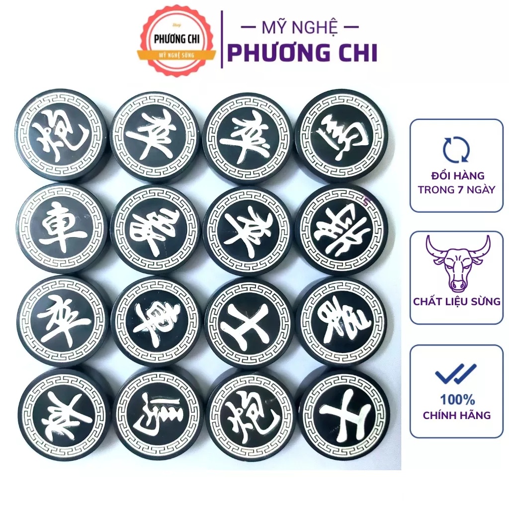 Quân cờ tướng sừng trâu đen, gồm 32 quân cờ khắc cnc đẹp sắc nét | PHUONGCHISTORE