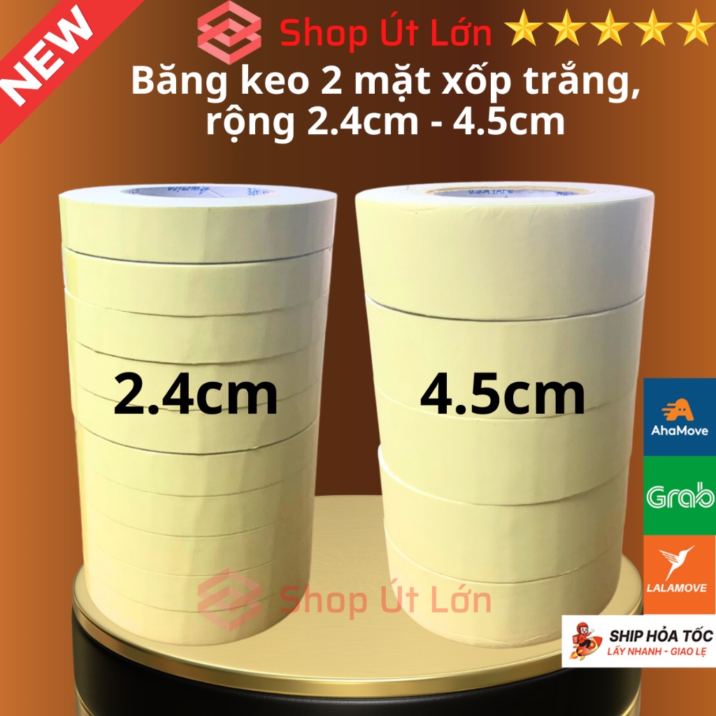 Băng keo 2 mặt xốp trắng 2,4cm - 4,5cm, độ dầy 3mm, lõi giấy 3mm trọng lượng 250gram, dài 6 mét.