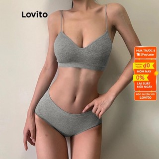 Bộ áo ngực và quần lót Lovito dây mảnh dệt kim sọc gân cotton màu trơn thường ngày cho nữ L50AD078 (Xám/Trắng/Đen)