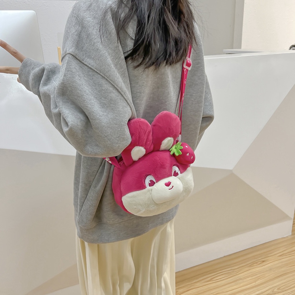 Túi Đeo Chéo Gấu Nhồi Bông Hình Mặt Thỏ Dâu Hồng Dễ Thương