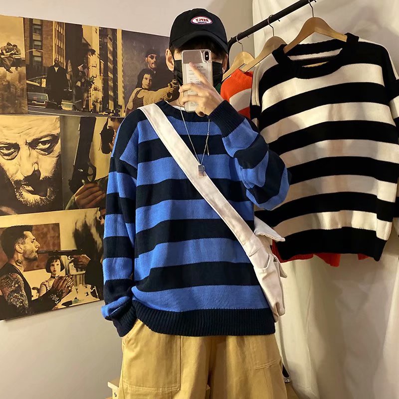 Áo Khoác sweater Dáng Rộng Họa Tiết Kẻ Sọc Phong Cách Hàn Quốc Thời Trang Thu Đông Hàng Mới 2023 Dành Cho Bạn Nam