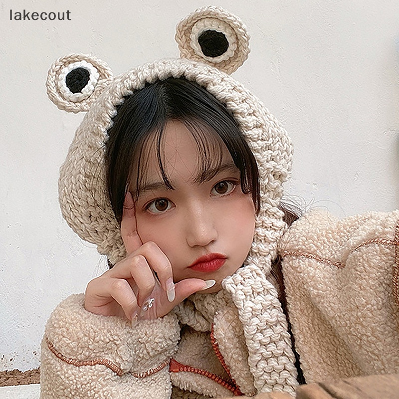 Lat Mũ beanie Dệt Kim Đính Chú Ếch Mắt To Màu Xanh Lá Cây Giữ Ấm Che Tai Thời Trang hye