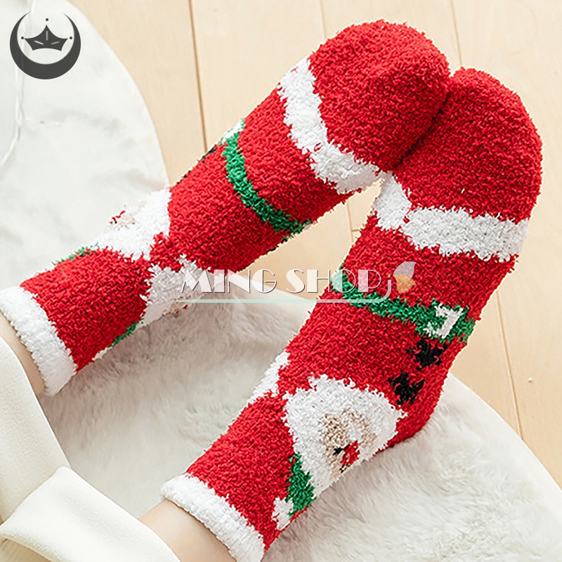 Ming Vớ Lông Cừu San Hô Ấm Áp Hình Ông Già Noel Tuần Lộc Giáng Sinh