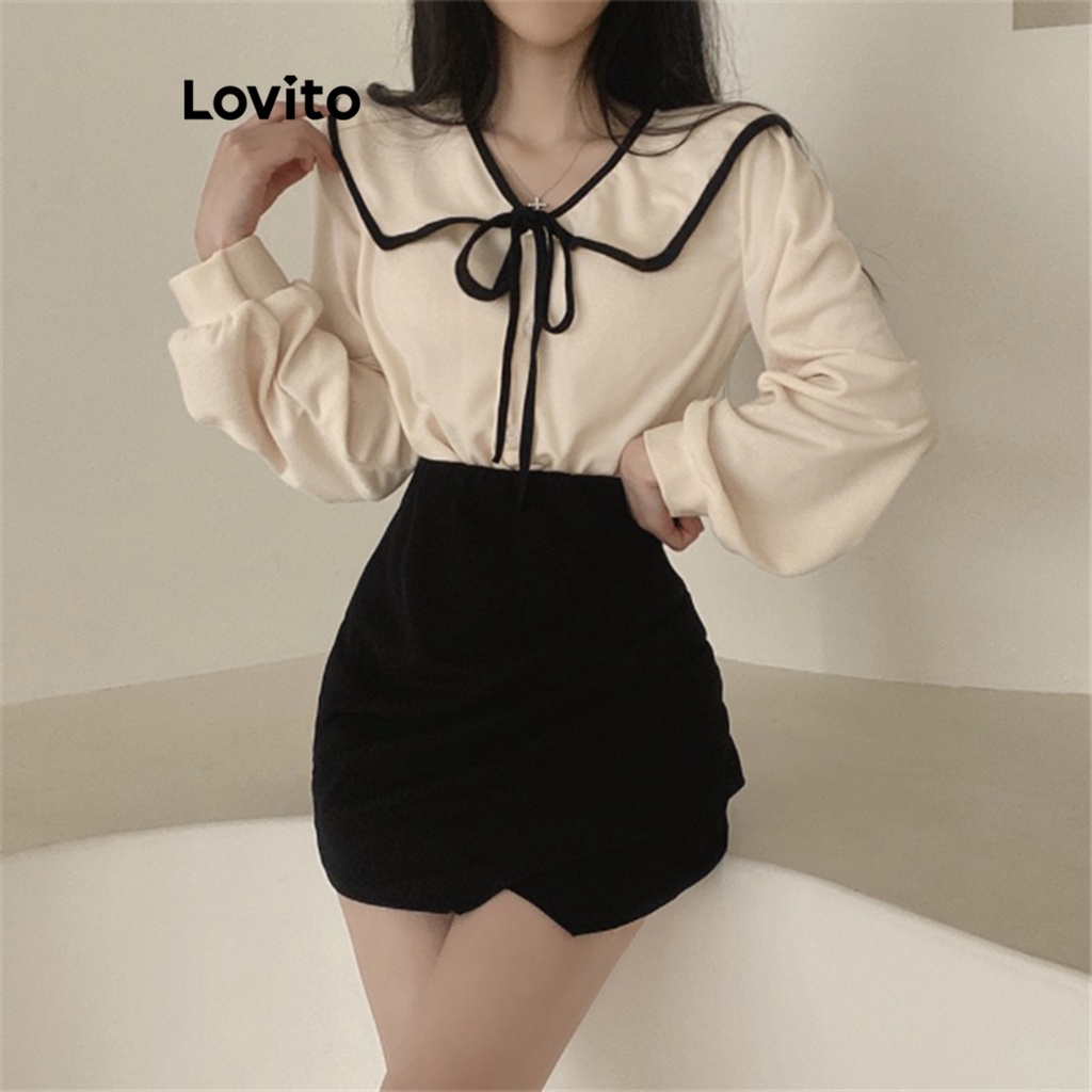 Lovito Áo sơ mi có dây buộc tương phản trơn đơn giản có dây buộc Ruffle Bishop dành cho nữ LNE24175
