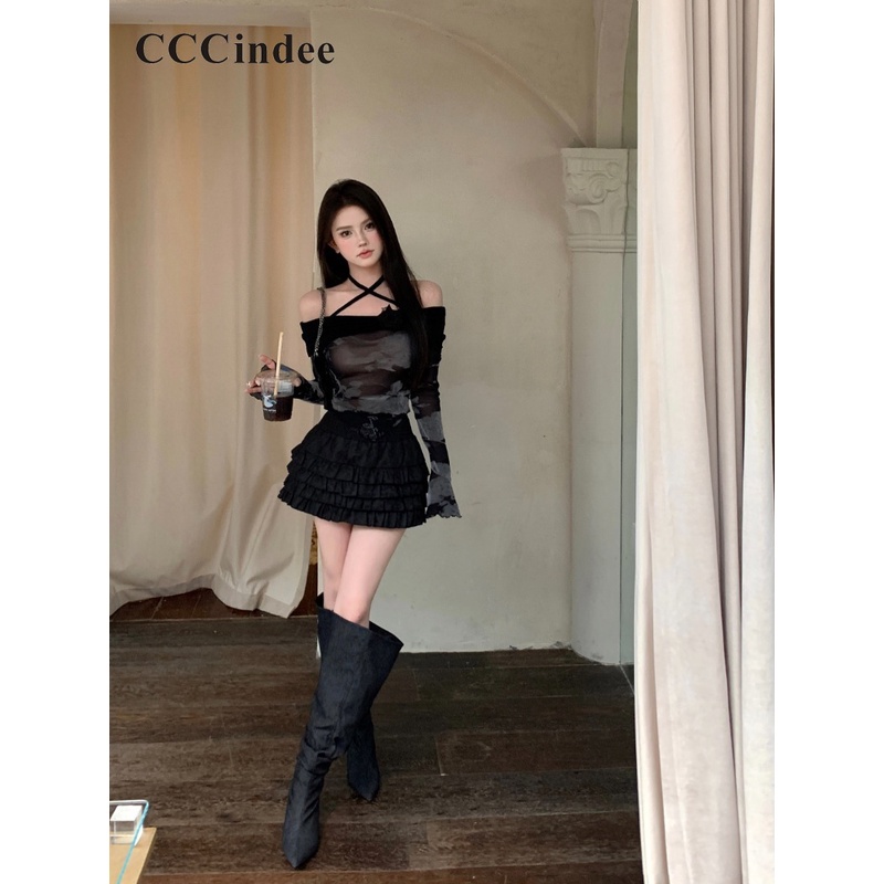 Cccindee Áo Thun Tay Dài Hở Vai Phối Màu Tương Phản Thời Trang 2023 Dành Cho Nữ