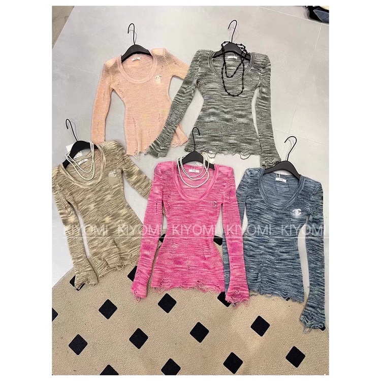 Áo Dệt Kim Tay Dài Dáng Ôm Thiết Kế Rách Thời Trang Mùa Thu Hàn Quốc 2023 Cho Nữ