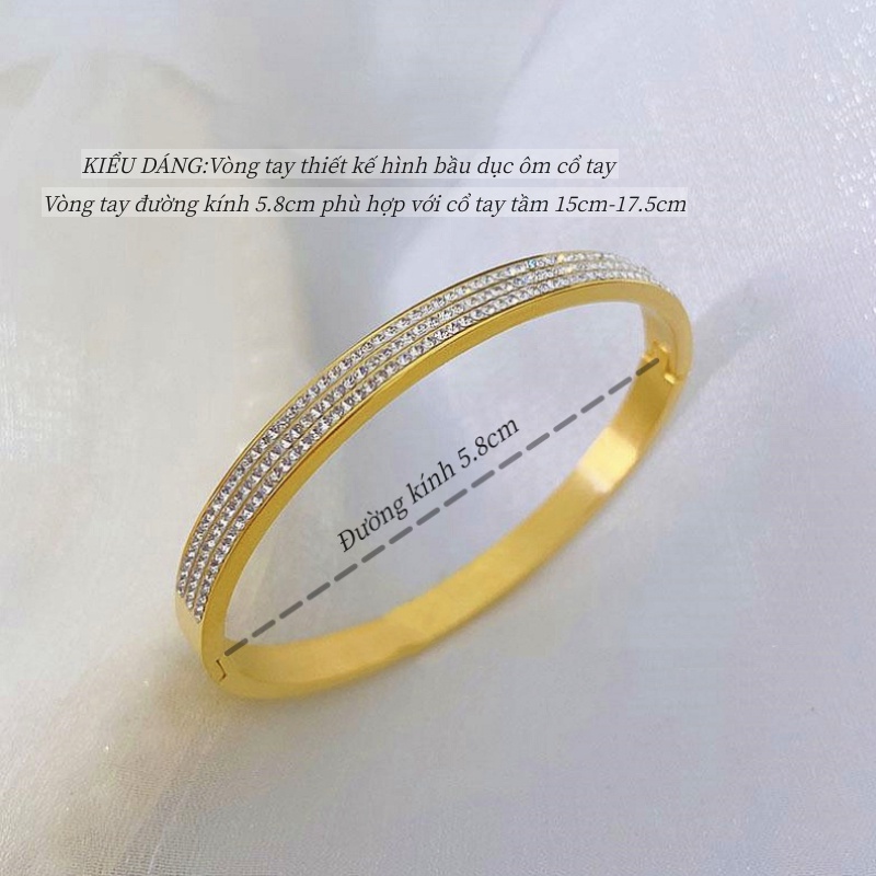 Vòng tay titan không gỉ mạ vàng 18k thiết kế 3 hàng đá lấp lánh thời trang sang trọng dành cho nữ