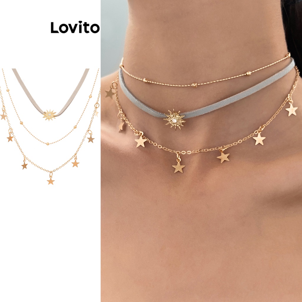 Vòng cổ Lovito đính đá hình ngôi sao màu trơn thường ngày cho nữ L63AD017 (màu vàng)