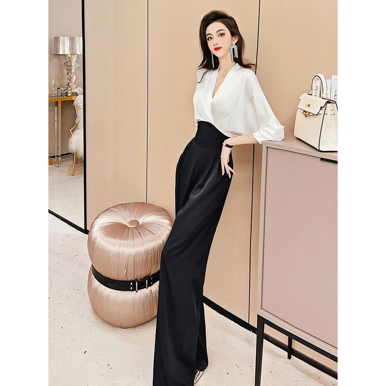 Korean style elegant jumpsuit spring new women's high waist all-match straight wide leg jumpsuit