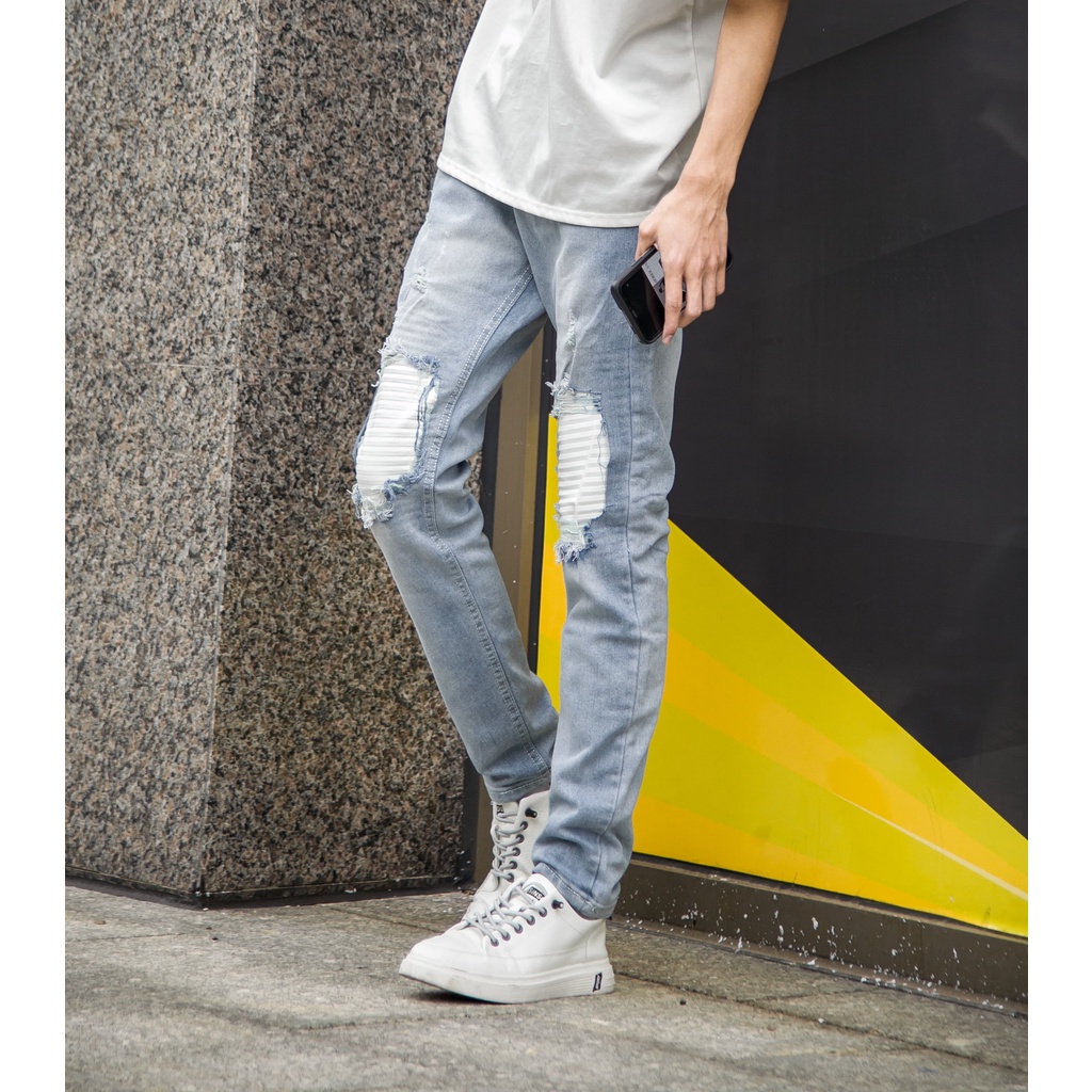 Quần jean nam rách gối vá màu xanh nhạt xước co giãn phom ôm dáng slimfit VNXK pon.mens hà nội hcm