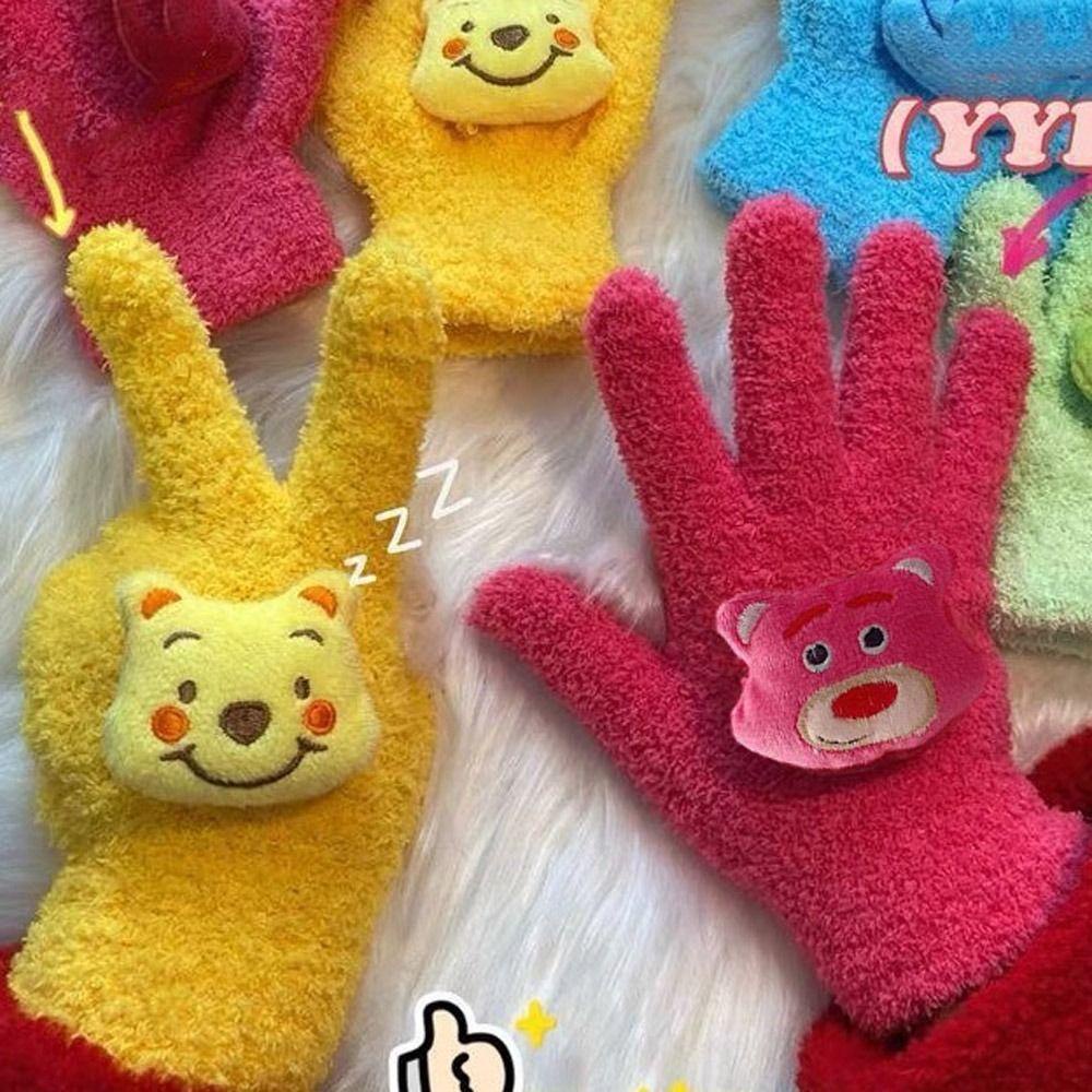 Găng Tay Lái Xe Năm Ngón Hình Gấu Bông Màu Trắng Ngà Hoạt Hình Dễ Thương Lông Cừu San Hô Đeo Ngón Tay Giữ Ấm Mùa Thu Đông