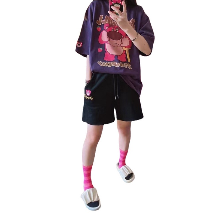 Quần áo gấu dâu bộ quần áo gấu dâu Hoạt Hình Áo Thun Tay Ngắn Dáng Rộng In Họa Tiết Gấu Và Dâu Tây Dễ Thương Thời Trang Mùa Hè 2023 Cho Nữ