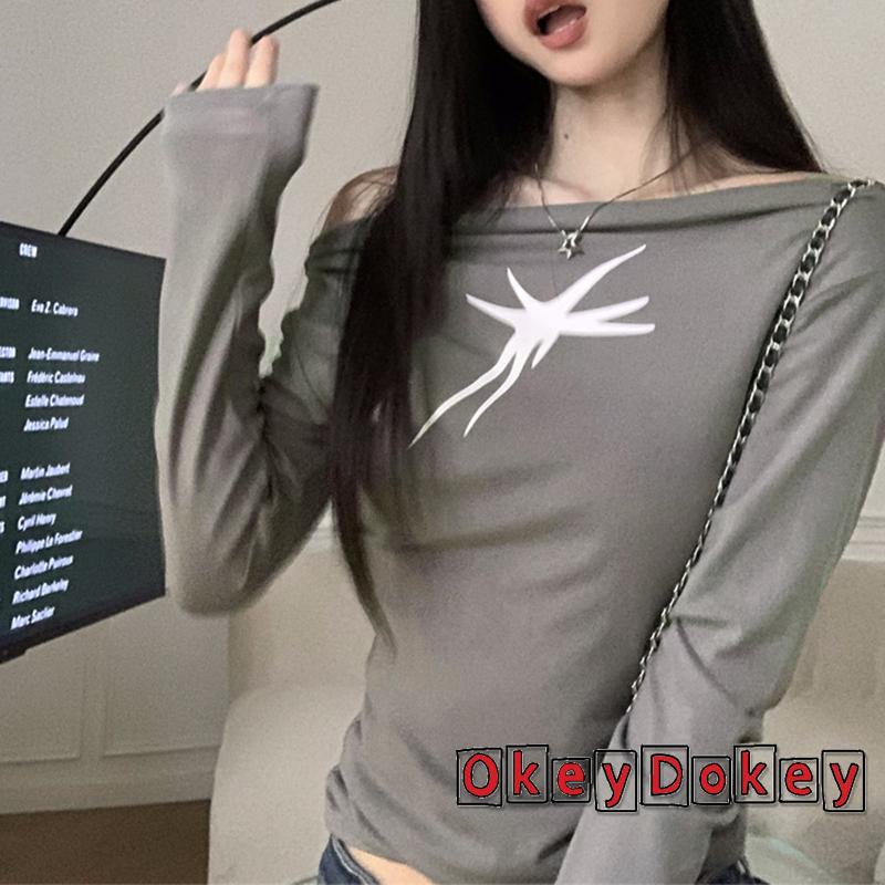 Áo Thun Tay Dài Hở Vai Dáng Ôm In Họa Tiết Thời Trang Dành Cho Nữ