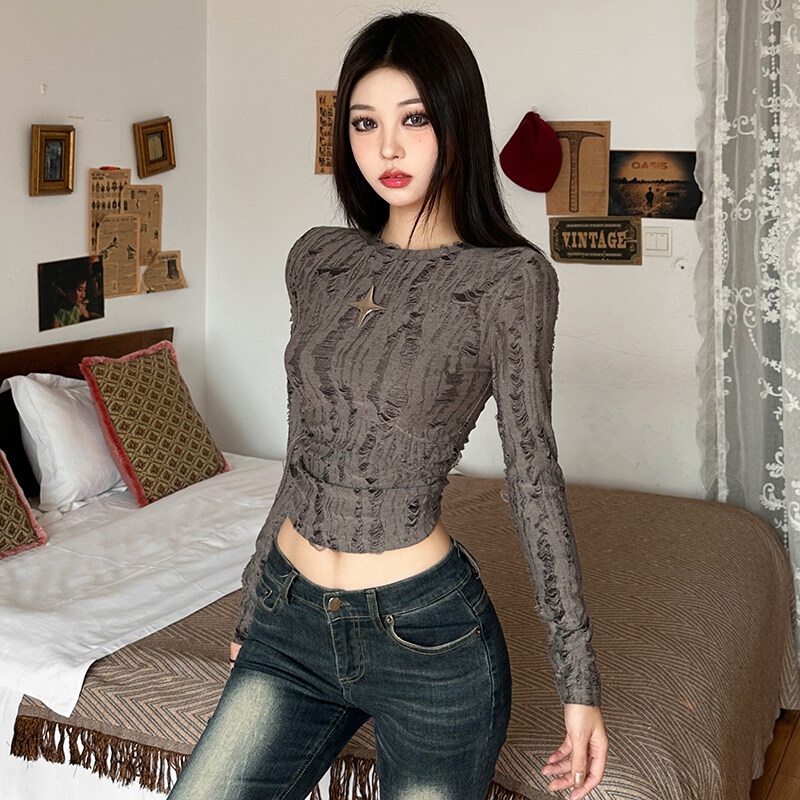 Weird Puss Áo Thun Lửng Tay Dài Phong Cách vintage Dành Cho Nữ