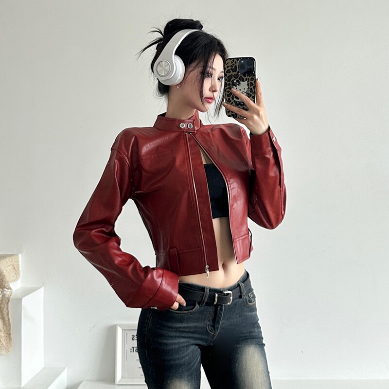 Weird Puss Áo Khoác Da pu Tay Dài Dáng Rộng Có Khóa Kéo Phong Cách Đường Phố Thời Trang Mùa Thu Cho Nữ