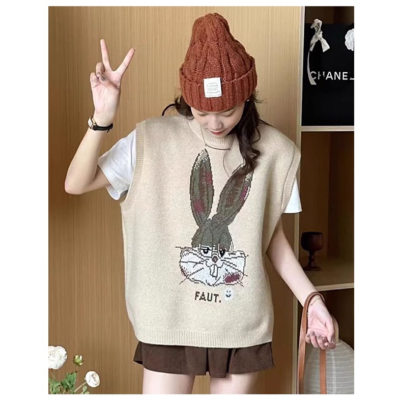 Áo Dệt Kim Sát Nách Dáng Rộng In Họa Tiết Hoạt Hình Thời Trang Mùa Thu Cho Nữ