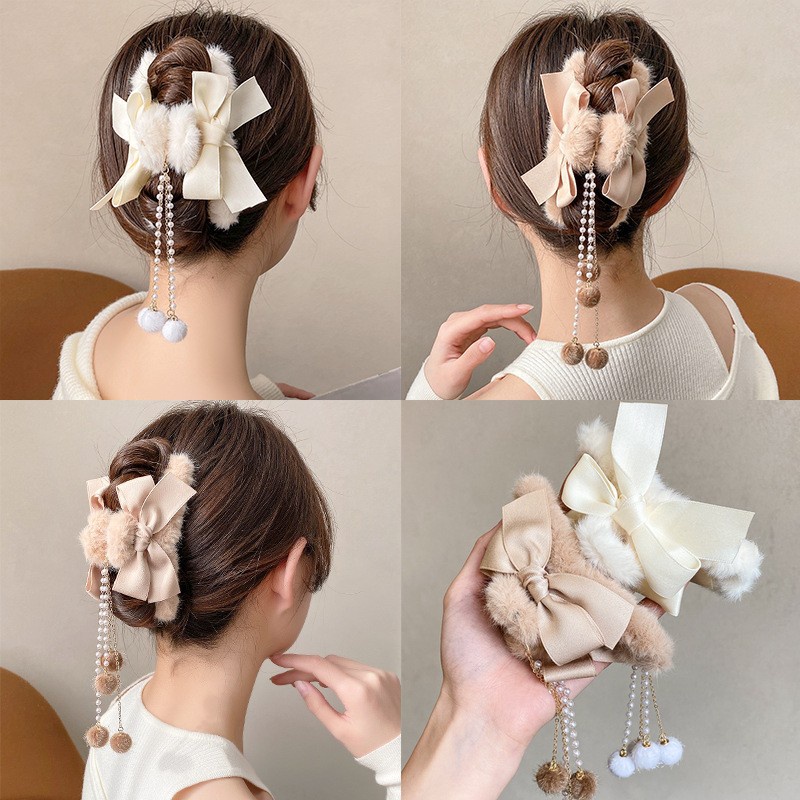 Kẹp Tóc Hình Cá Mập Đính Nơ Phối Lông Nhung Thời Trang Thu Đông 2023 Cho Nữ