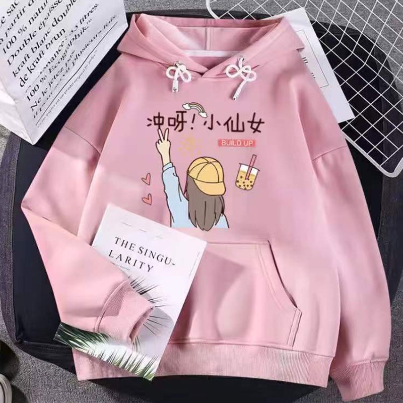 Áo Khoác Hoodie Chui Đầu Phối Nhung Dày In Hoạt Hình Thời Trang Thu Đông Cho Học Sinh Trung Niên Và Trẻ Lớn Tuổi