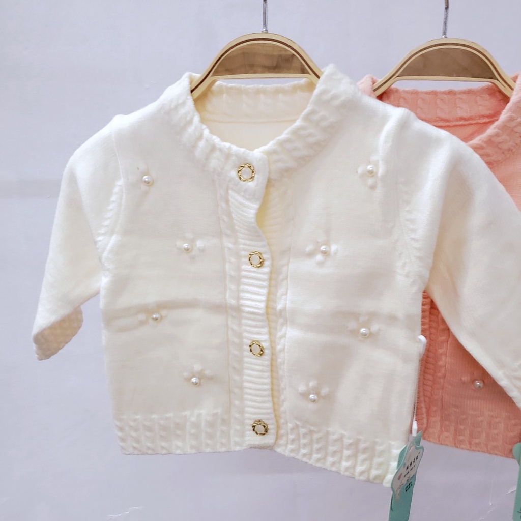 Áo len mùa đông dài tay cúc cài giữa len sơ sinh mềm mịn co giãn quảng châu loại đẹp cho bé gái 0-12 tháng